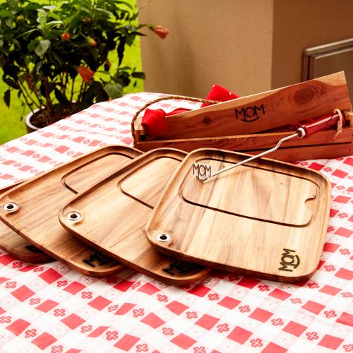 Rockin Mom BBQ Branding Iron with Cedar Gift Box and Acacia Wood Steak Plates